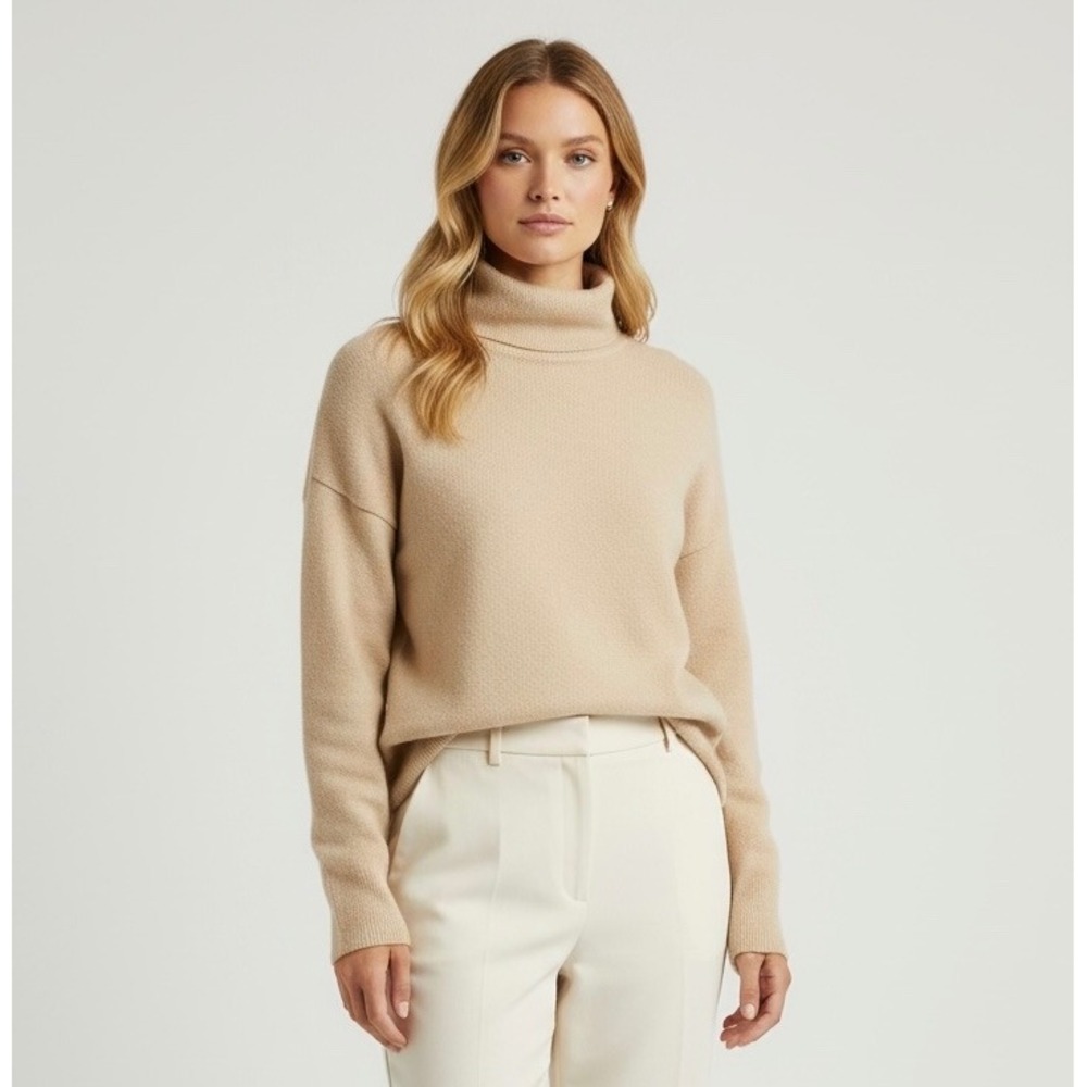 Cream Ribbed Oversized Turtleneck Large Sweater Side Slit Neutral Minimalist
